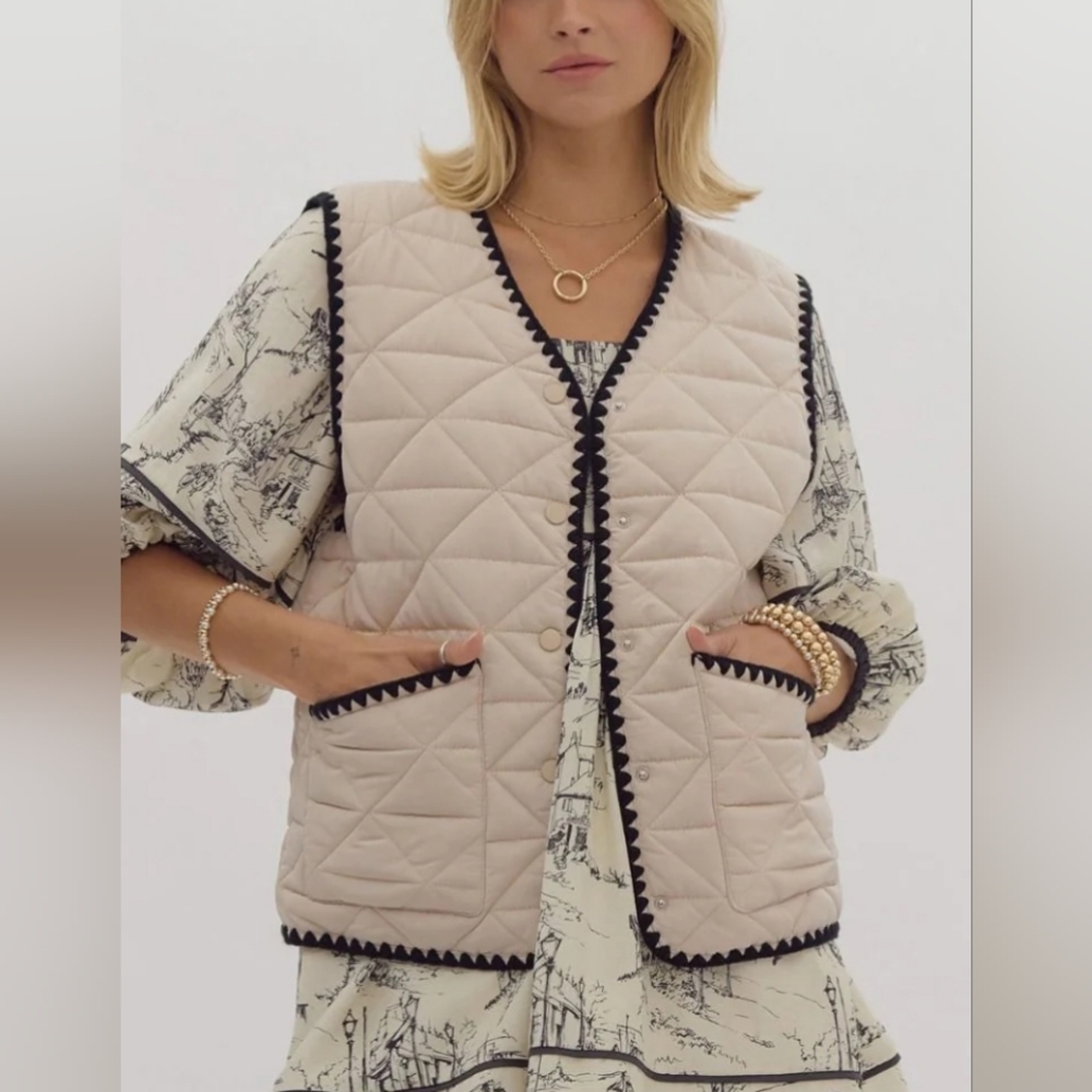 NWT Beige Quilted Vest with Black Crochet Trim